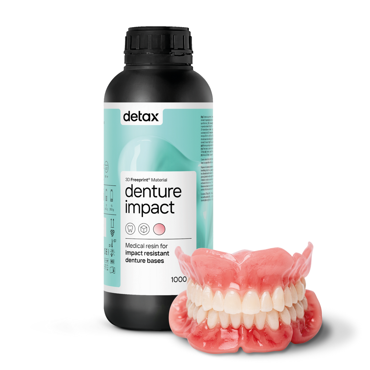 Butelka żywicy Detax Freeprint Denture Impact UV z wydrukowaną protezą