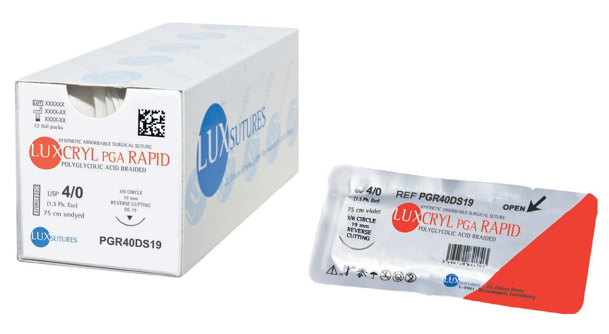 Pudełko i foliowa saszetka szybko wchłanialnej nici plecionej Luxsutures LUXCRYL PGA Rapid