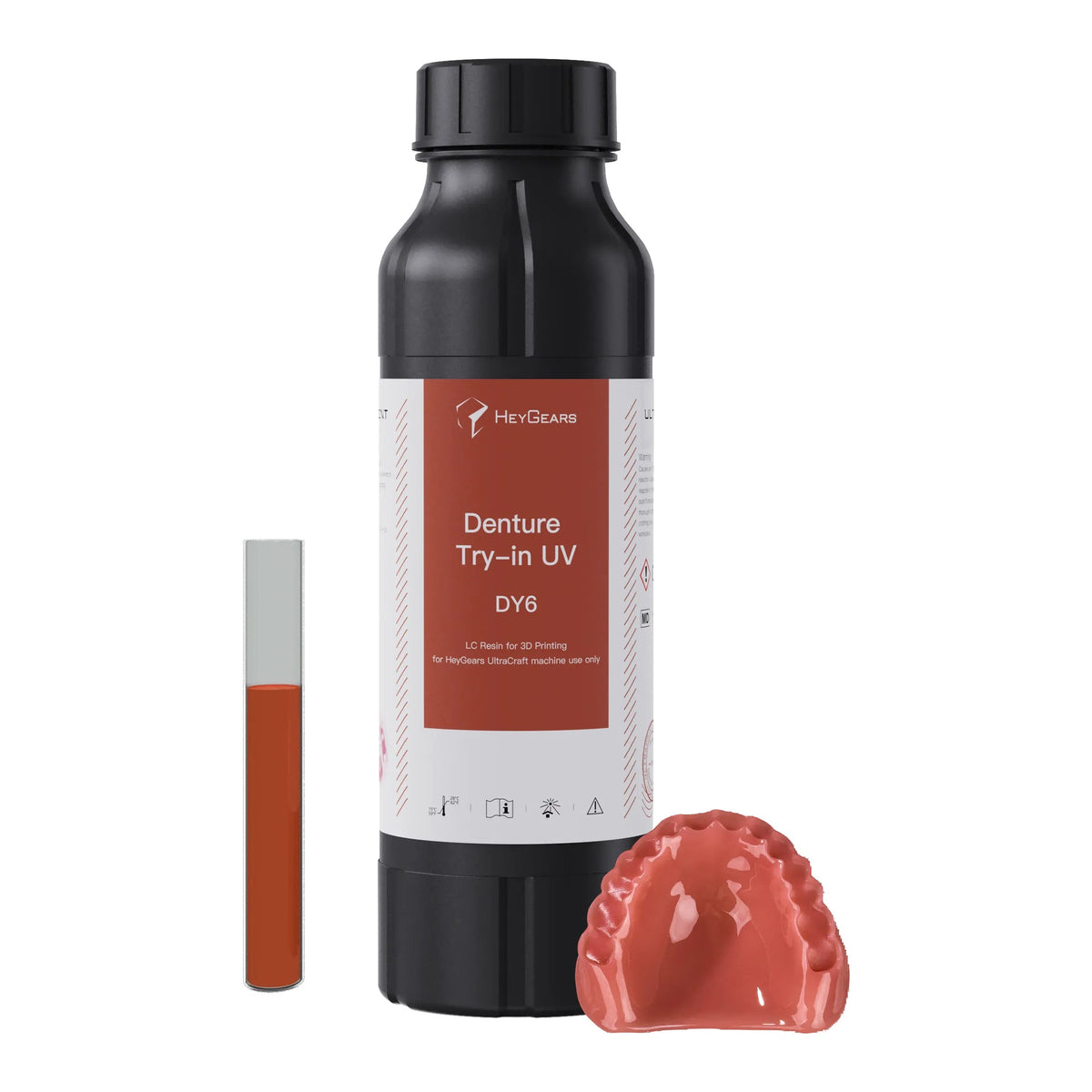 Żywica do protez próbnych HeyGears UltraPrint Denture Try-in UV DY6 – butelka i wydrukowana proteza